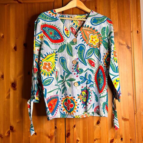 Hester & Orchard Linen Blend Floral Button Front Blouse Women’s Large Multicolor - Picture 2 of 9